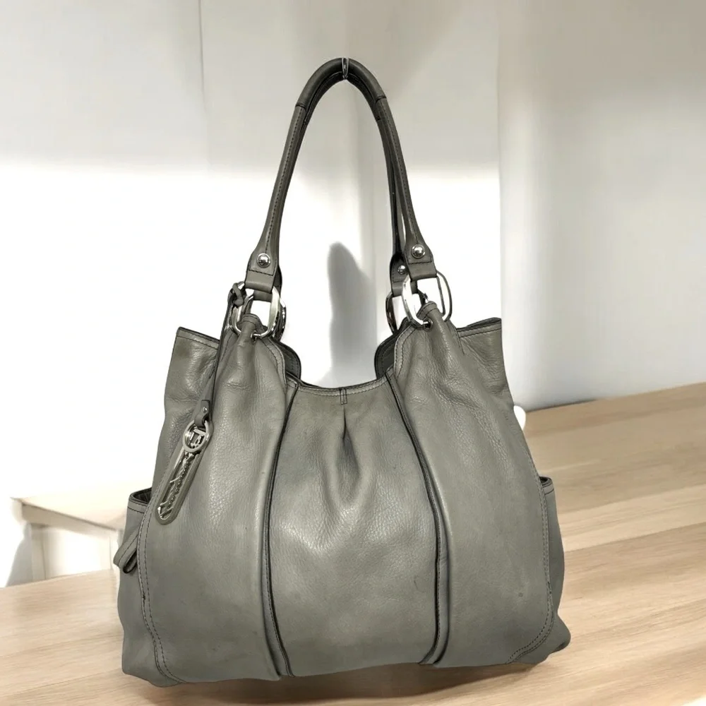 B. Makowsky Gray Pebbled Leather Hobo Shoulder Tote Bag Large Silver Hardware